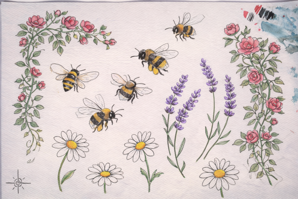 Sketches and ideas for bees and flowers for The Magic in the Garden