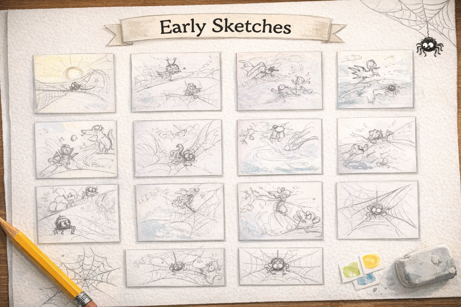 Collage of early pencil sketches for the Sebby Spider children’s books, showing storyboard thumbnails of spider and animal characters in playful scenes.