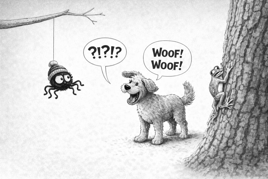 Black and white illustration of a spider hanging from a tree branch looking confused, a dog barking “woof woof” on the ground, and a frog climbing tree bark.
