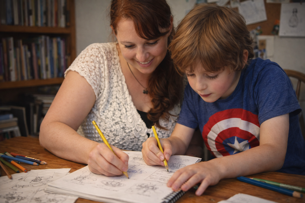 Mother and child sitting at a table drawing together in a notebook, working on children’s book ideas with pencils and sketches.